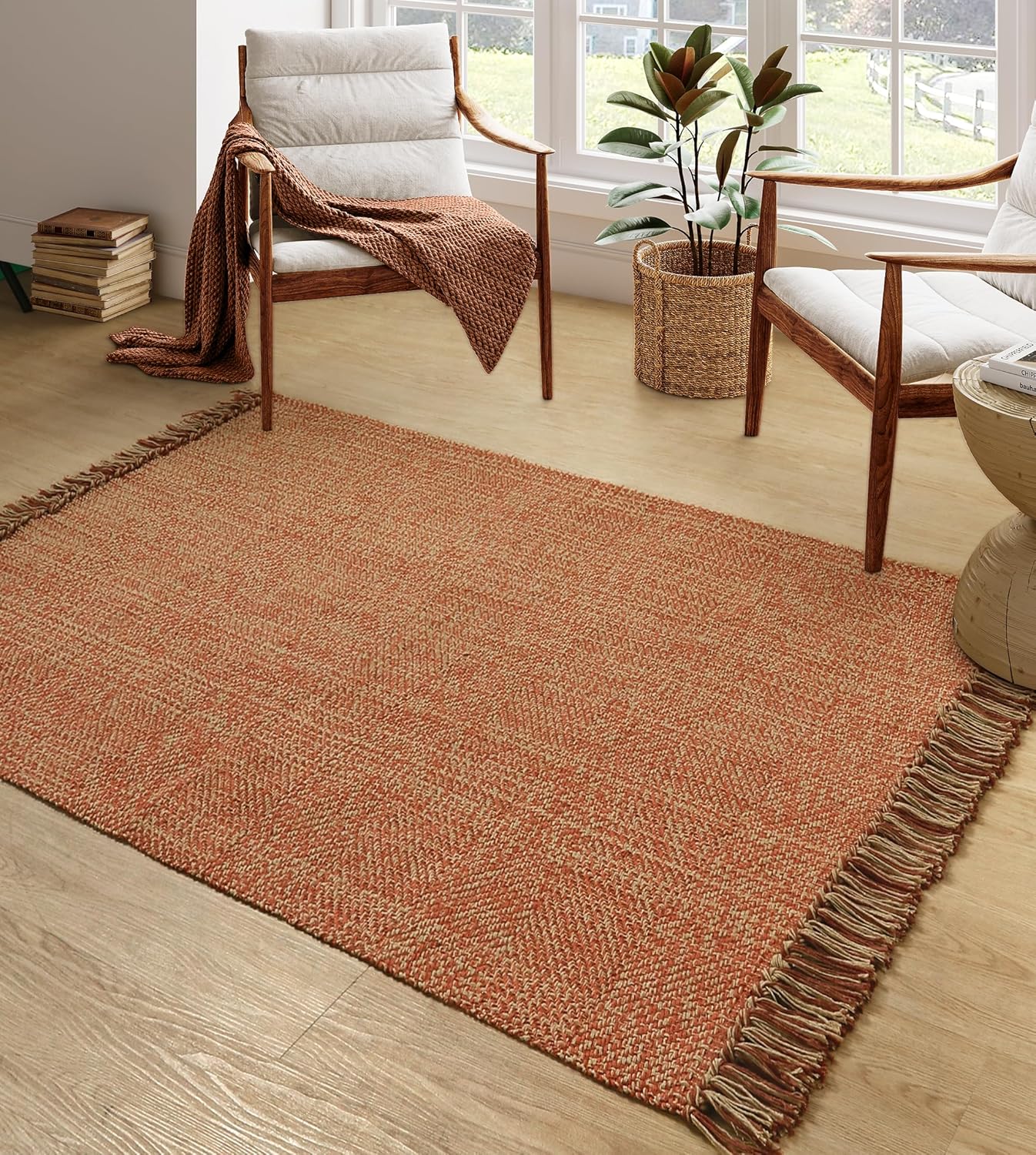 Collive 4x6 Area Rug, Natural/Black Woven Cotton Washable Modern Bedroom Rugs, Boho Dining Room Door Rug Carpet with Tassel for Living Room Nursery Room Office, Outdoor Rug for Patio Hallway Decor