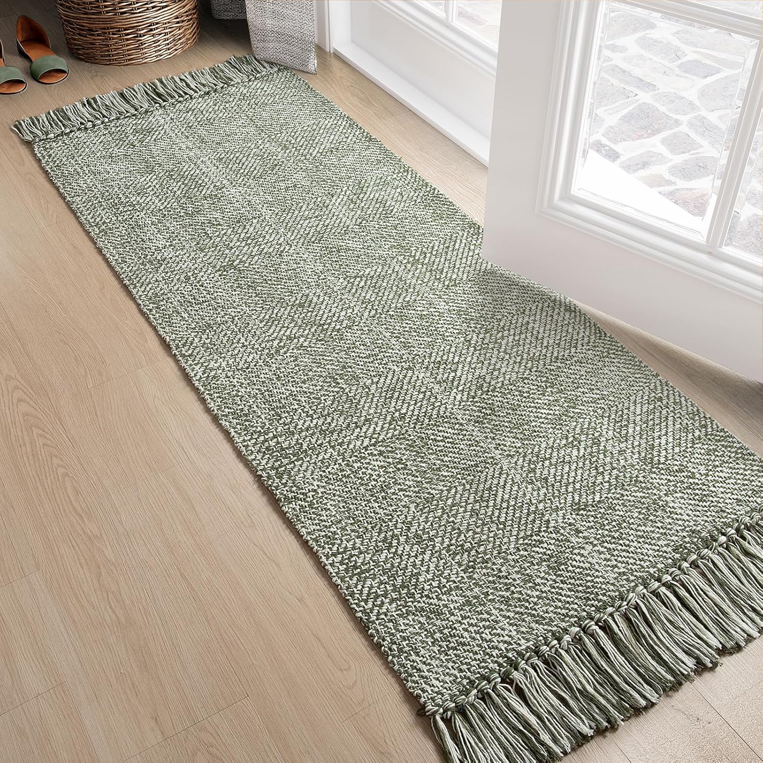 Collive 4x6 Area Rug, Natural/Black Woven Cotton Washable Modern Bedroom Rugs, Boho Dining Room Door Rug Carpet with Tassel for Living Room Nursery Room Office, Outdoor Rug for Patio Hallway Decor