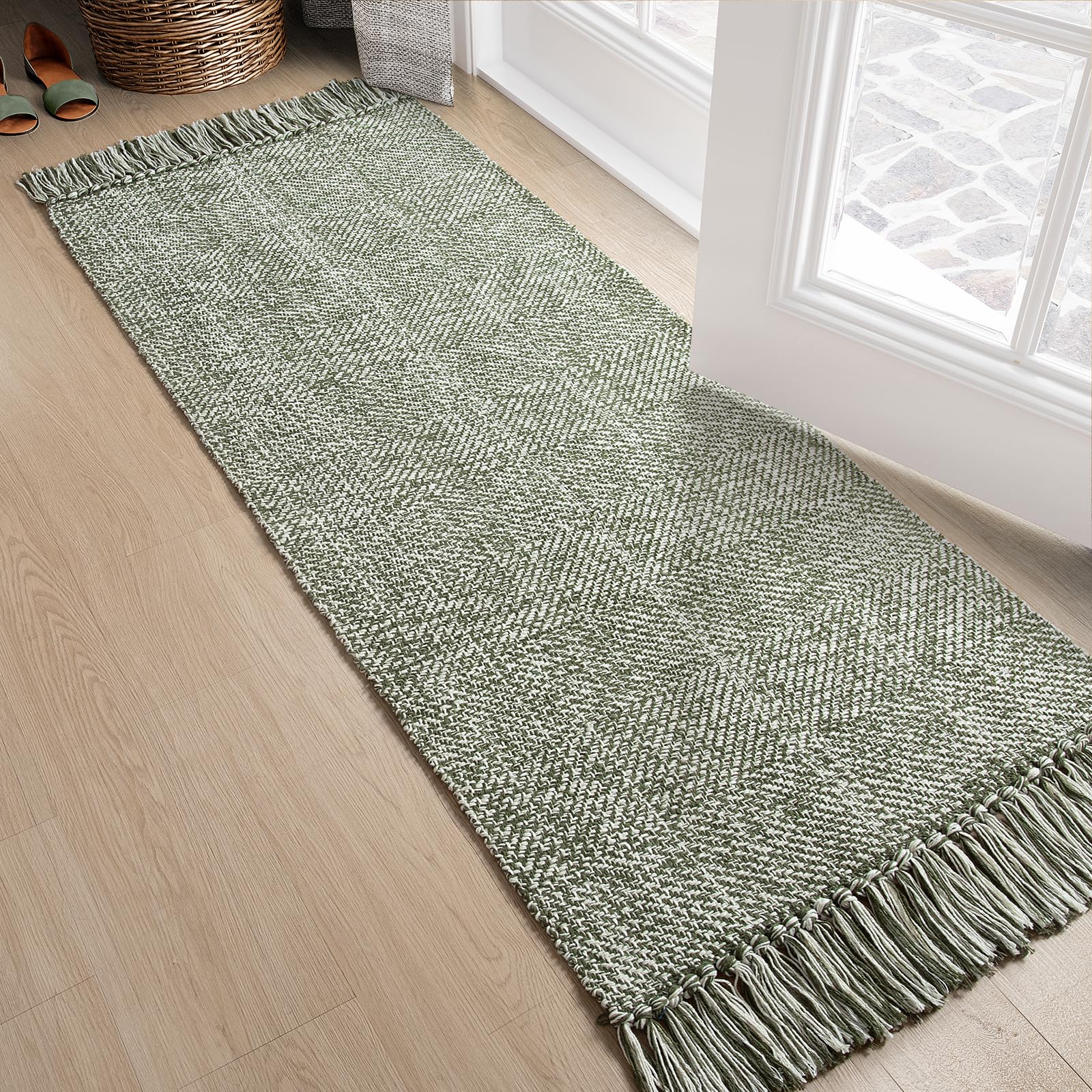 Collive Washable Area Rug 3' x 5', Modern Farmhouse Woven Kitchen Rugs, Tan/Cream Indoor Outddor Mat Braided Throw Carpet for Entryway Bedroom Nursery Laundry Living Room
