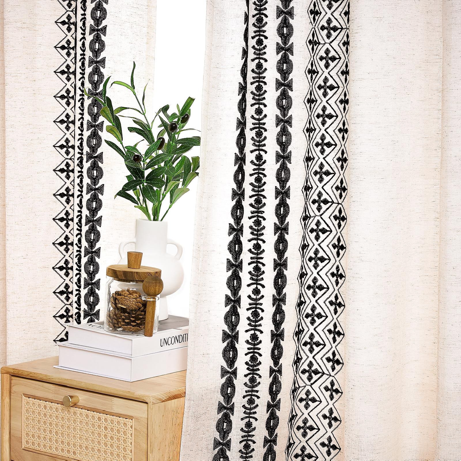Beige Boho Curtains 63 Inches Long 2 Panels Neutral Linen Textured Curtains for Living Room Bedroom Cream Geometric Embroidered Grommet Top Light Filtering Window Drapes Taupe on Beige
