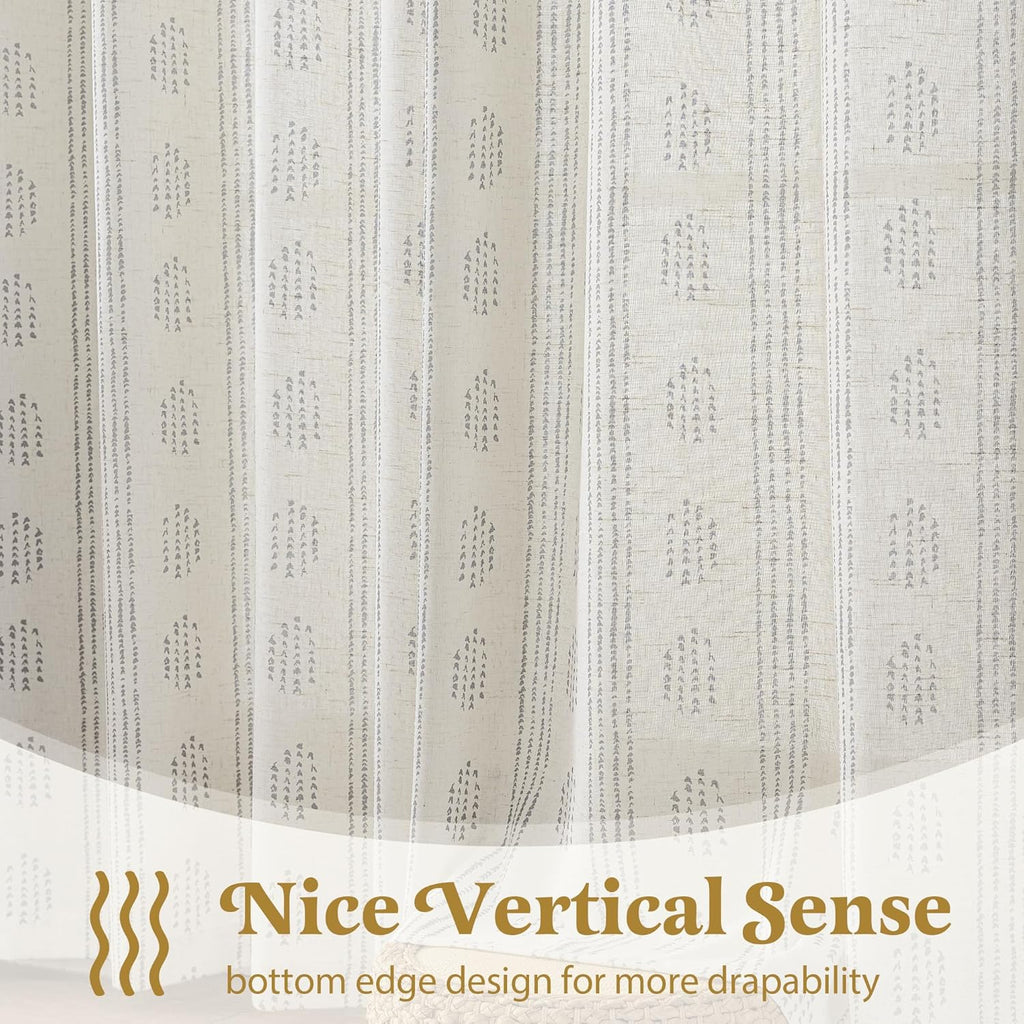 Boho Linen Curtains for Bedroom Living Room Grey Farmhouse Boho Curtains 84 Inches Long Geometric Striped Patterned Mudcloth Grommet Top Light Filtering Window Drapes 2 Panels Gray on Beige