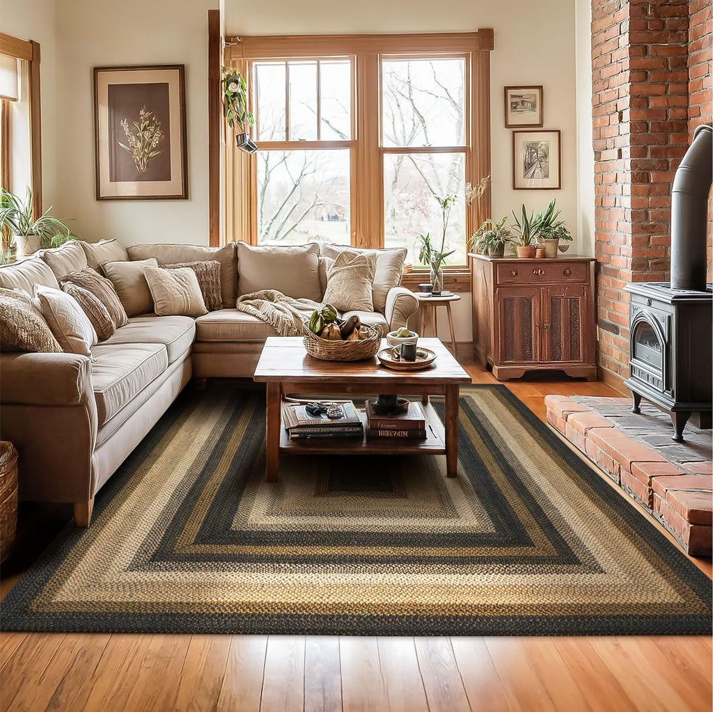 Homespice Gingerbread Black & Brown Braided Rug 20x30 - Jute Braided Kitchen Rugs for Country, Primitive Decor, Reversible, Pet-Friendly, Durable & Easy to Maintain