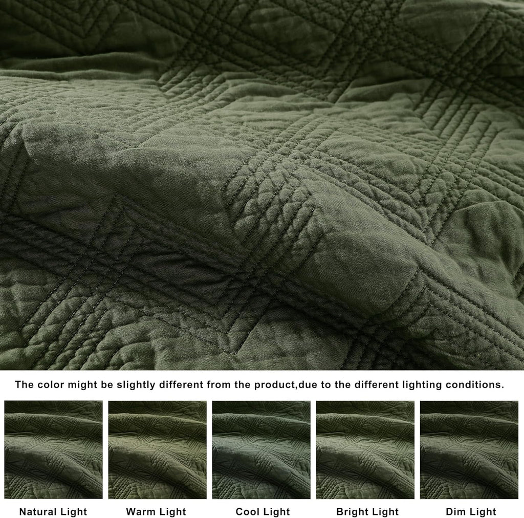 WDCOZY 100% Cotton Queen Size Quilt Set - Olive Green Pre-Washed Soft Lightweight Modern Bedspread, Farmhouse Country Rustic Coverlet, Textured Like Linen, Shabby Chic Gauze Bedding, 3 Pieces