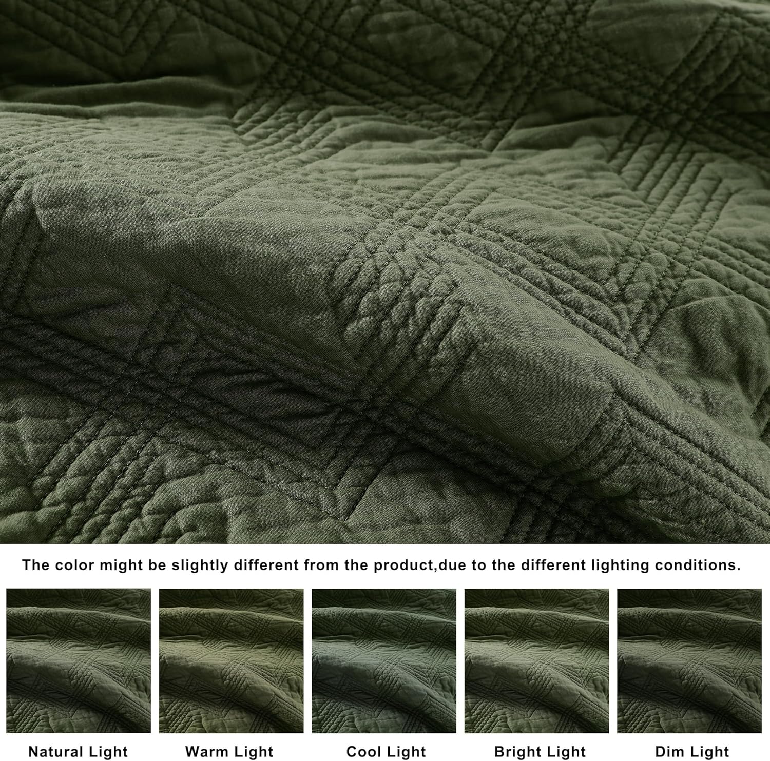 WDCOZY 100% Cotton Queen Size Quilt Set - Olive Green Pre-Washed Soft Lightweight Modern Bedspread, Farmhouse Country Rustic Coverlet, Textured Like Linen, Shabby Chic Gauze Bedding, 3 Pieces