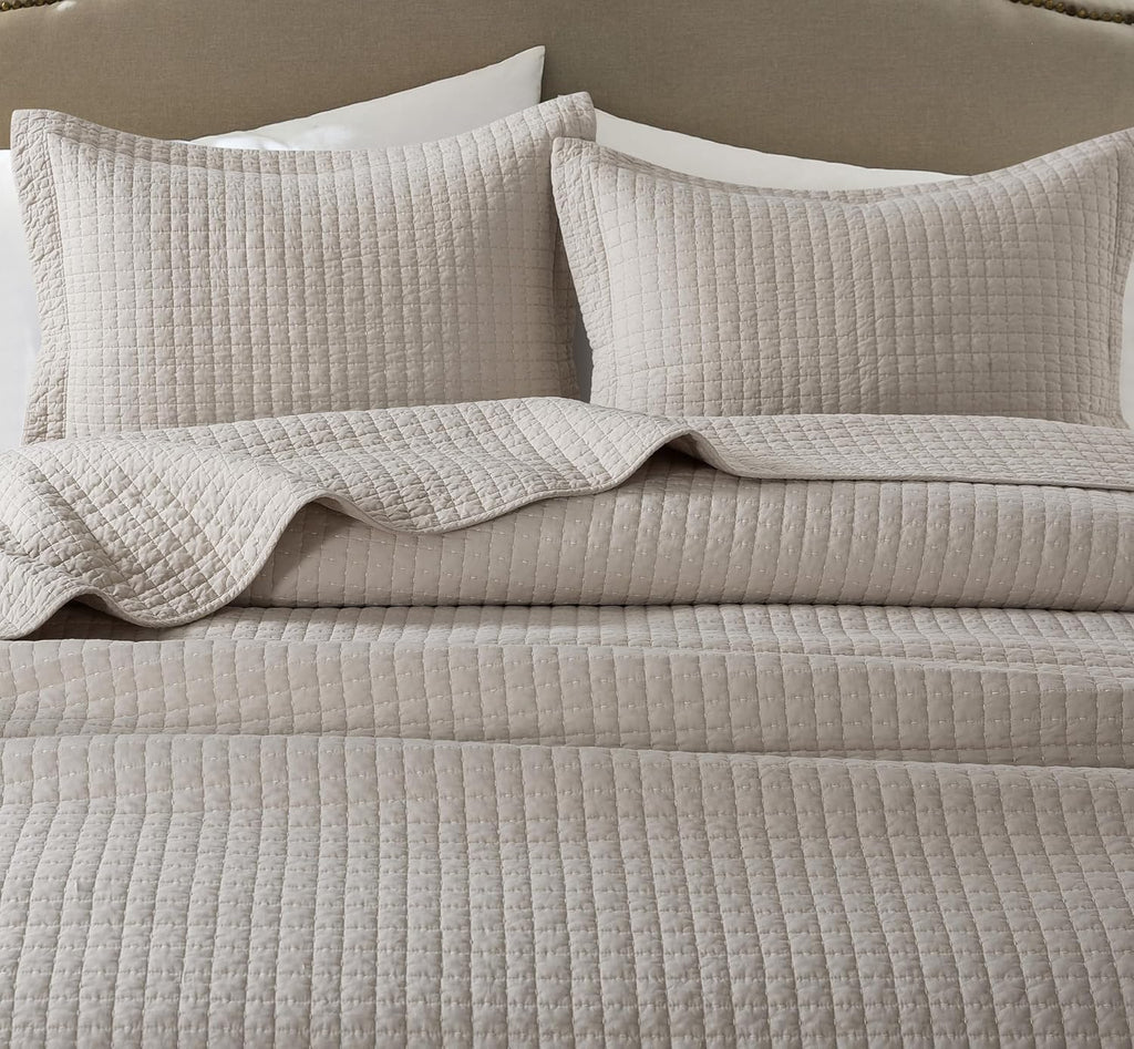 WDCOZY 100% Cotton Queen Size Quilt Set - Beige Box Pick Stitch Soft Lightweight Bedspread, Textured Like Linen, Farmhouse Country Rustic Coverlet, Shabby Chic Gauze Bedding, 3 Pieces