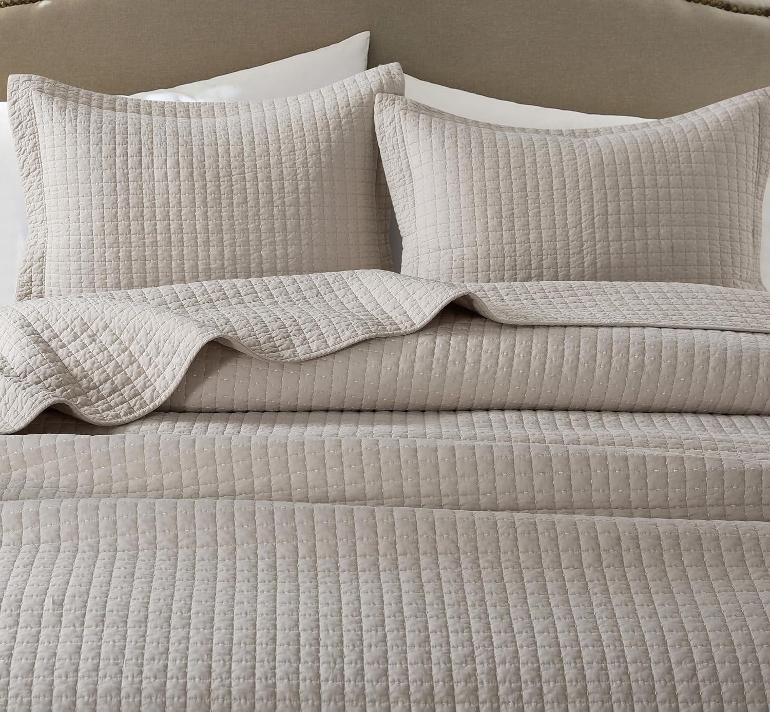 WDCOZY 100% Cotton Queen Size Quilt Set - Beige Box Pick Stitch Soft Lightweight Bedspread, Textured Like Linen, Farmhouse Country Rustic Coverlet, Shabby Chic Gauze Bedding, 3 Pieces