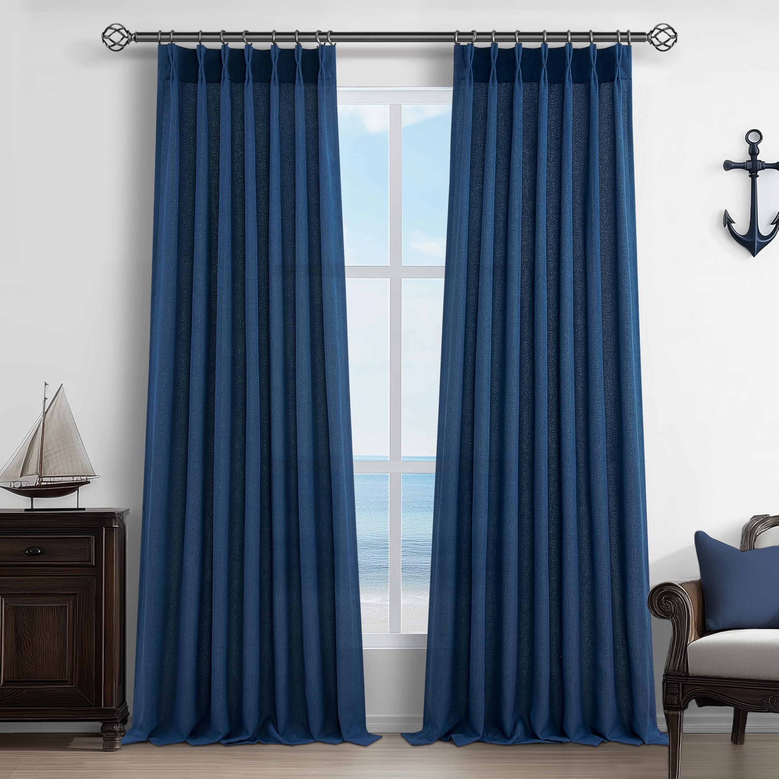 Pinch Pleated Linen Curtains 96 Inches Long for Living Room Bedroom, Light Filtering Boho Window Drape 96 inch 2 Panels Burgs with Hooks&Rings 8ft Cream Birch Sliding Glass Door Sheer Curtain Decor