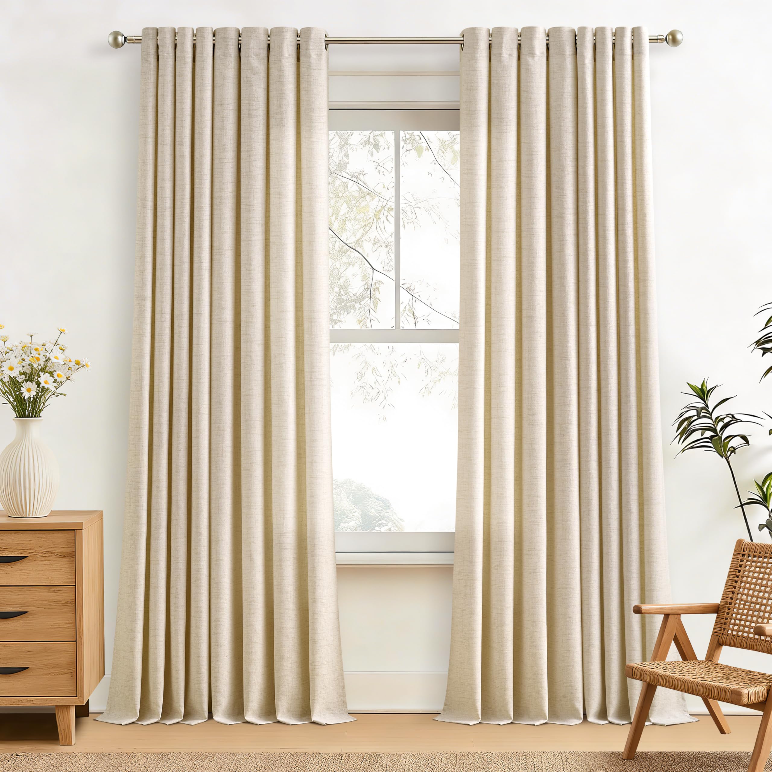 Natural Linen Curtains 96 Inches Long 2 Panels Bronze Grommet Curtain Burlap Ivory Cream Colored Light Filtering Semi Sheer Drapes Thick Linen Blend Floor to Ceiling Length Living Room 8ft