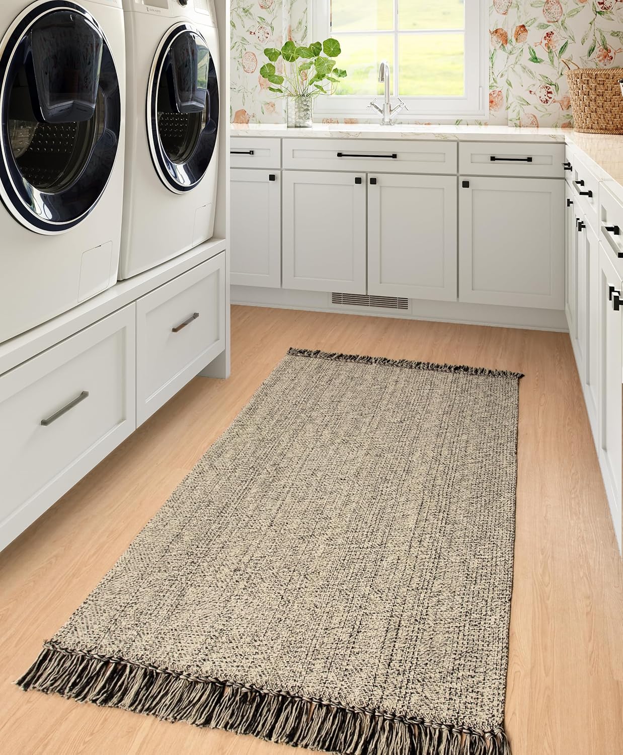 Collive 4x6 Area Rug, Natural/Black Woven Cotton Washable Modern Bedroom Rugs, Boho Dining Room Door Rug Carpet with Tassel for Living Room Nursery Room Office, Outdoor Rug for Patio Hallway Decor