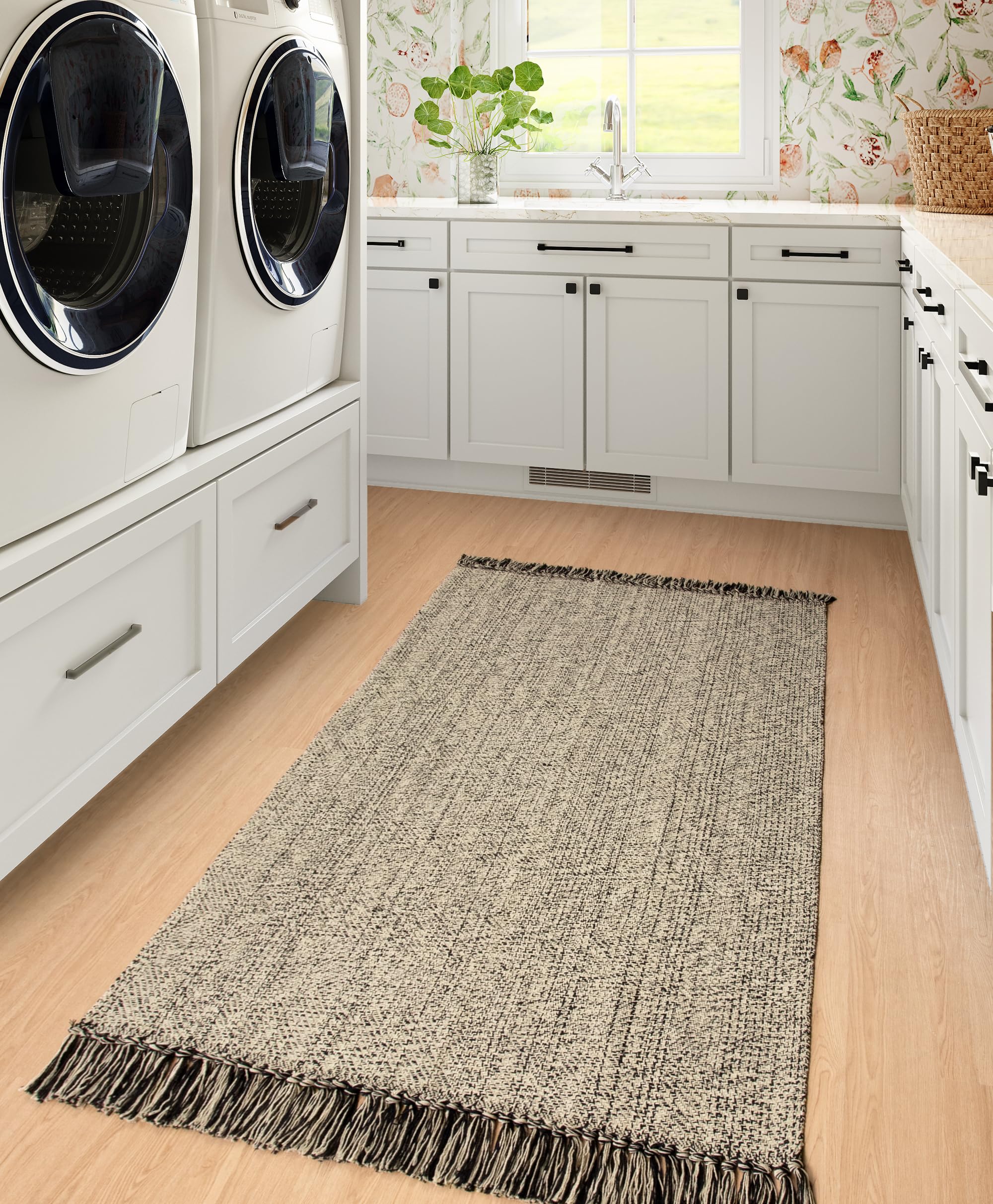 Collive Washable Area Rug 3' x 5', Modern Farmhouse Woven Kitchen Rugs, Tan/Cream Indoor Outddor Mat Braided Throw Carpet for Entryway Bedroom Nursery Laundry Living Room