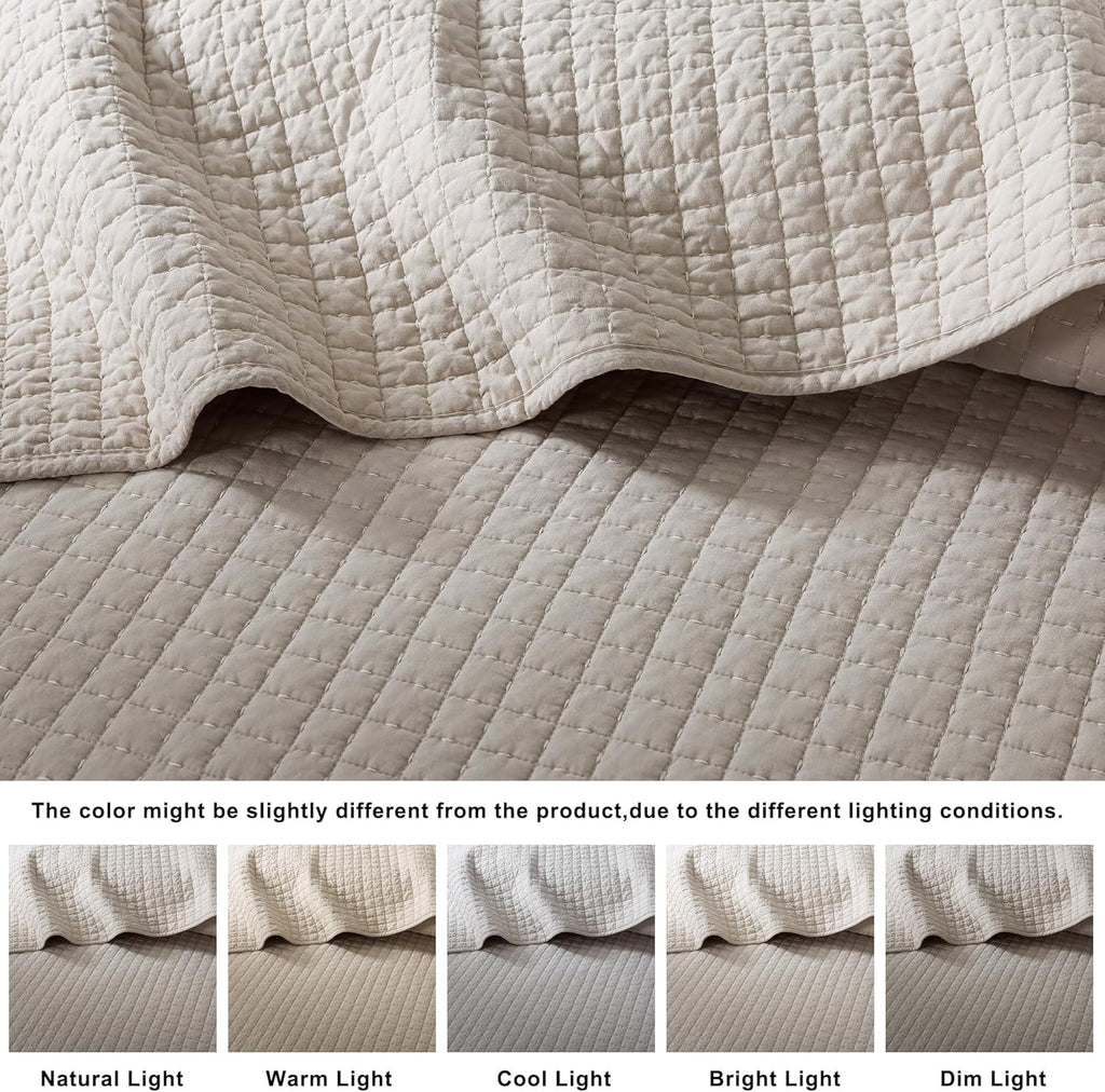 WDCOZY 100% Cotton Queen Size Quilt Set - Beige Box Pick Stitch Soft Lightweight Bedspread, Textured Like Linen, Farmhouse Country Rustic Coverlet, Shabby Chic Gauze Bedding, 3 Pieces