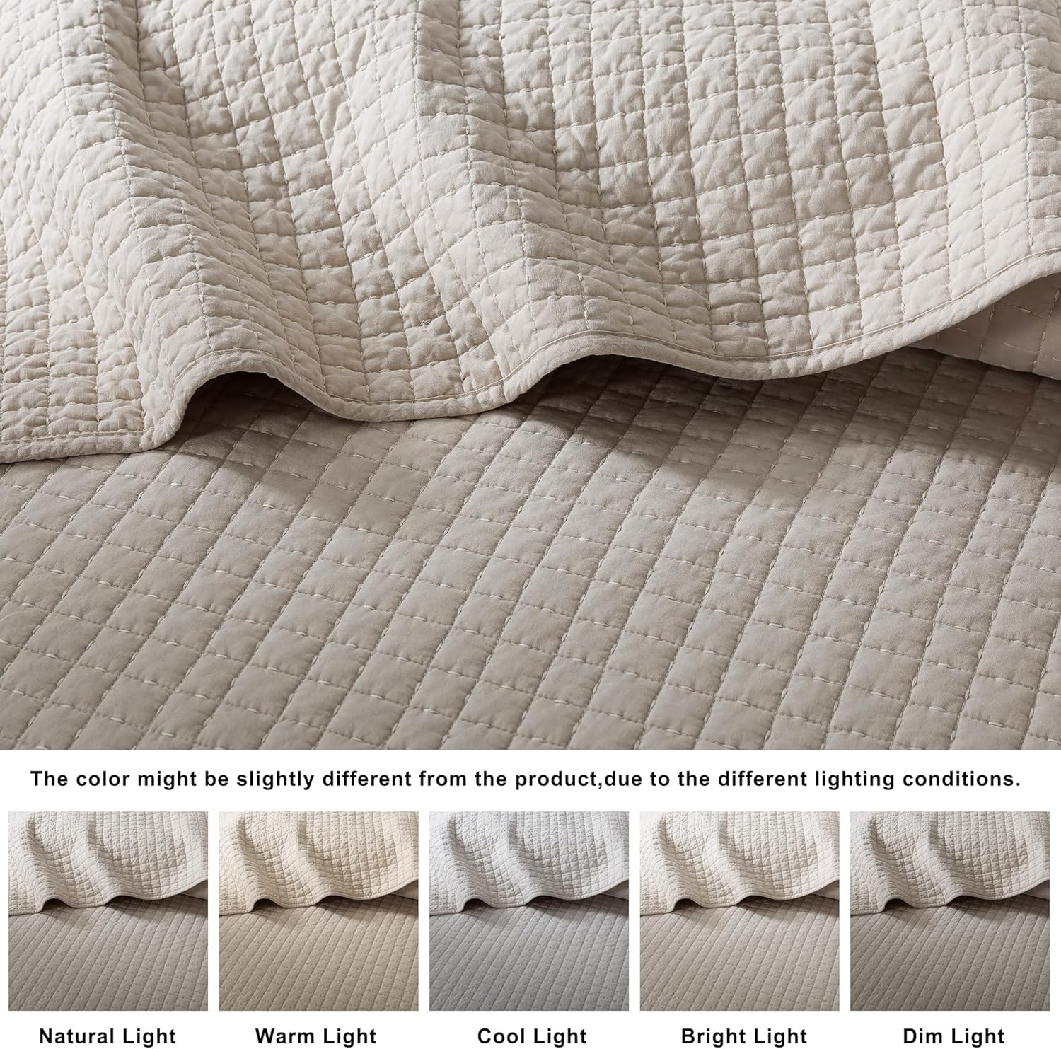 WDCOZY 100% Cotton Queen Size Quilt Set - Beige Box Pick Stitch Soft Lightweight Bedspread, Textured Like Linen, Farmhouse Country Rustic Coverlet, Shabby Chic Gauze Bedding, 3 Pieces