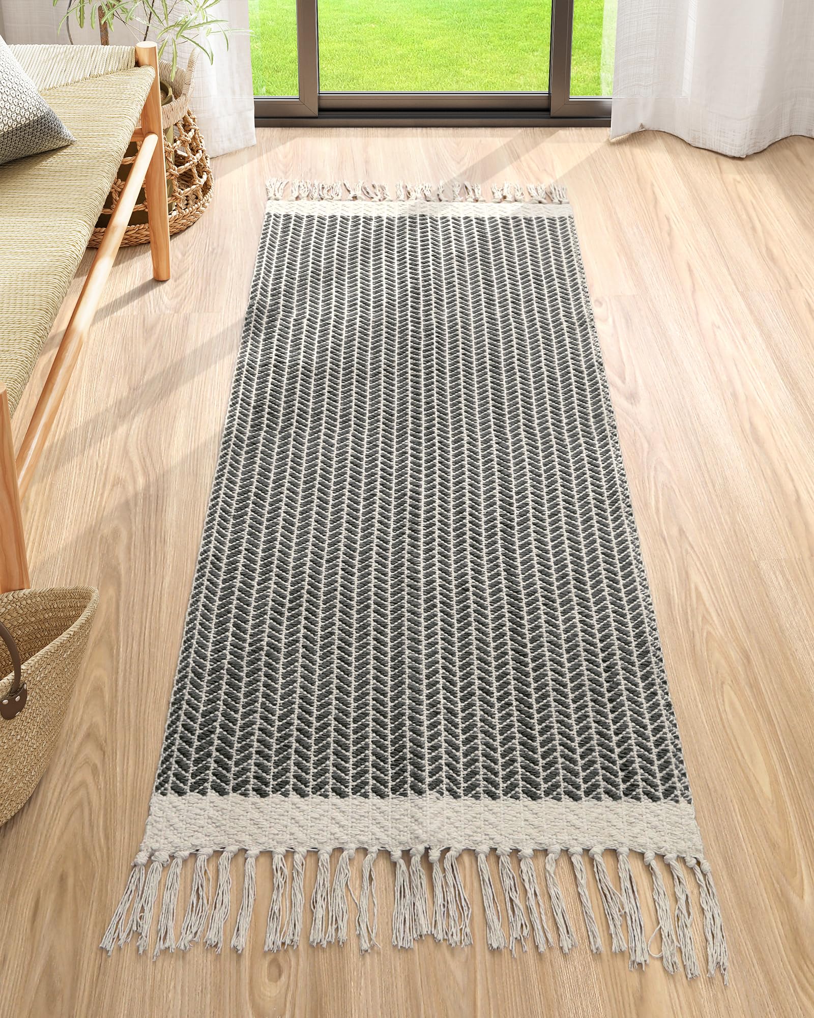 Lahome Belle Boho Hallway Runner Rug, 2x6 Laundry Room Lightweight Entry Woven Cotton Throw Mat with Tassels, Farmhouse Non Shedding Washable Black Low Pile Runner for Kitchen Bathroom