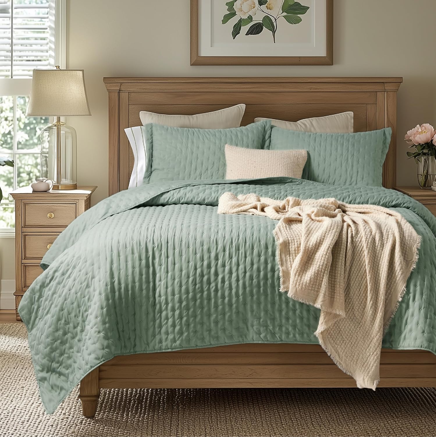Bedsure Quilts Queen Size - Linen Bedspread Queen Size & Lightweight Comforter, Modern Farmhouse Coverlet with Clover Pattern, Ultra Soft All-Season Bedding, 90 x 96 Inches | Stitch-Free Quilting, Ultra Soft, Lightweight, Machine Washable, Pet-Friendly