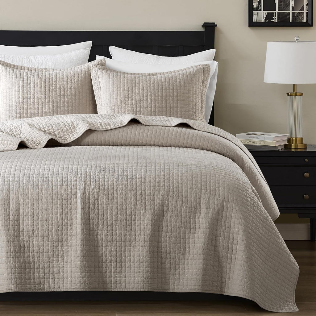 WDCOZY 100% Cotton Queen Size Quilt Set - Beige Box Pick Stitch Soft Lightweight Bedspread, Textured Like Linen, Farmhouse Country Rustic Coverlet, Shabby Chic Gauze Bedding, 3 Pieces