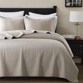 WDCOZY 100% Cotton Queen Size Quilt Set - Beige Box Pick Stitch Soft Lightweight Bedspread, Textured Like Linen, Farmhouse Country Rustic Coverlet, Shabby Chic Gauze Bedding, 3 Pieces