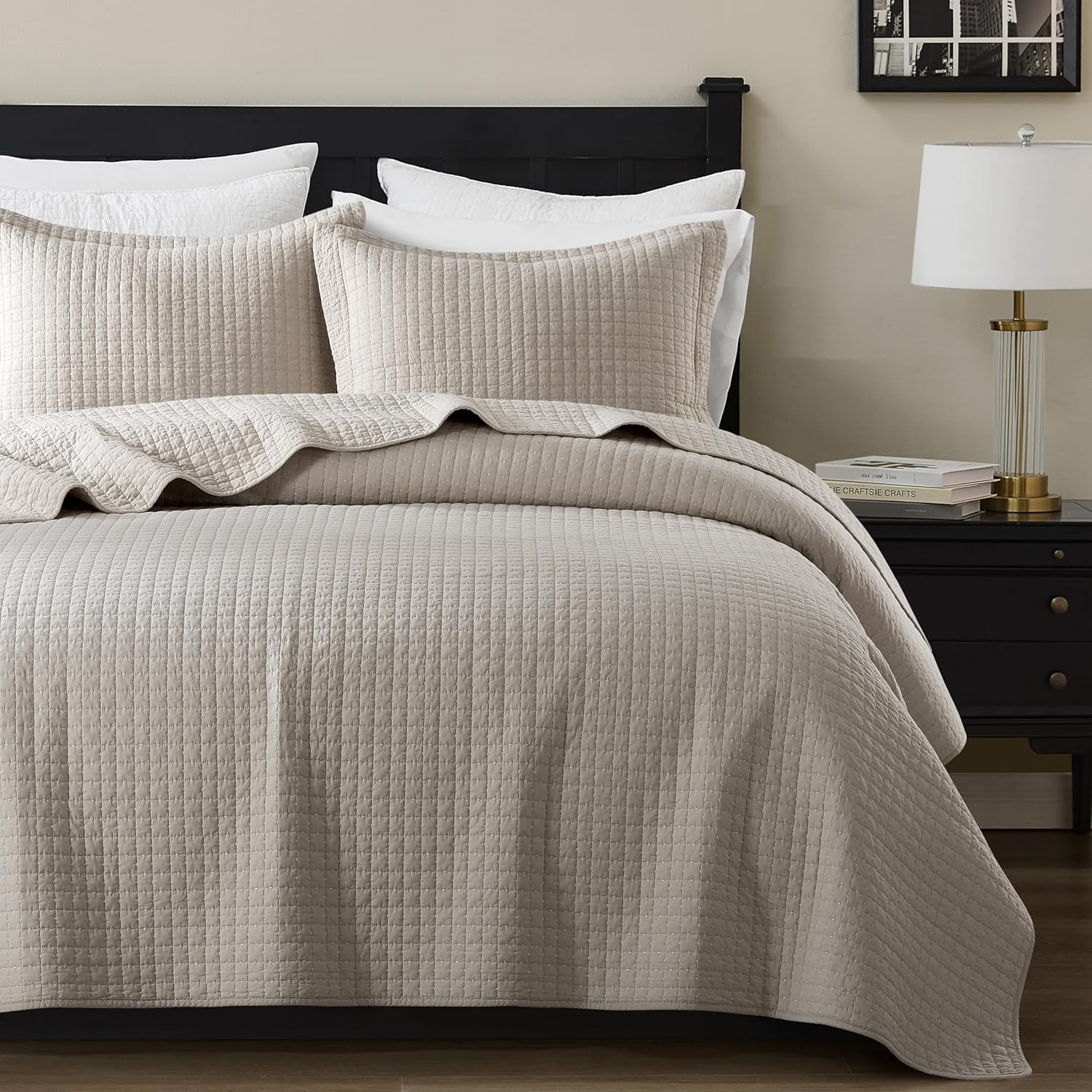 WDCOZY 100% Cotton Queen Size Quilt Set - Beige Box Pick Stitch Soft Lightweight Bedspread, Textured Like Linen, Farmhouse Country Rustic Coverlet, Shabby Chic Gauze Bedding, 3 Pieces