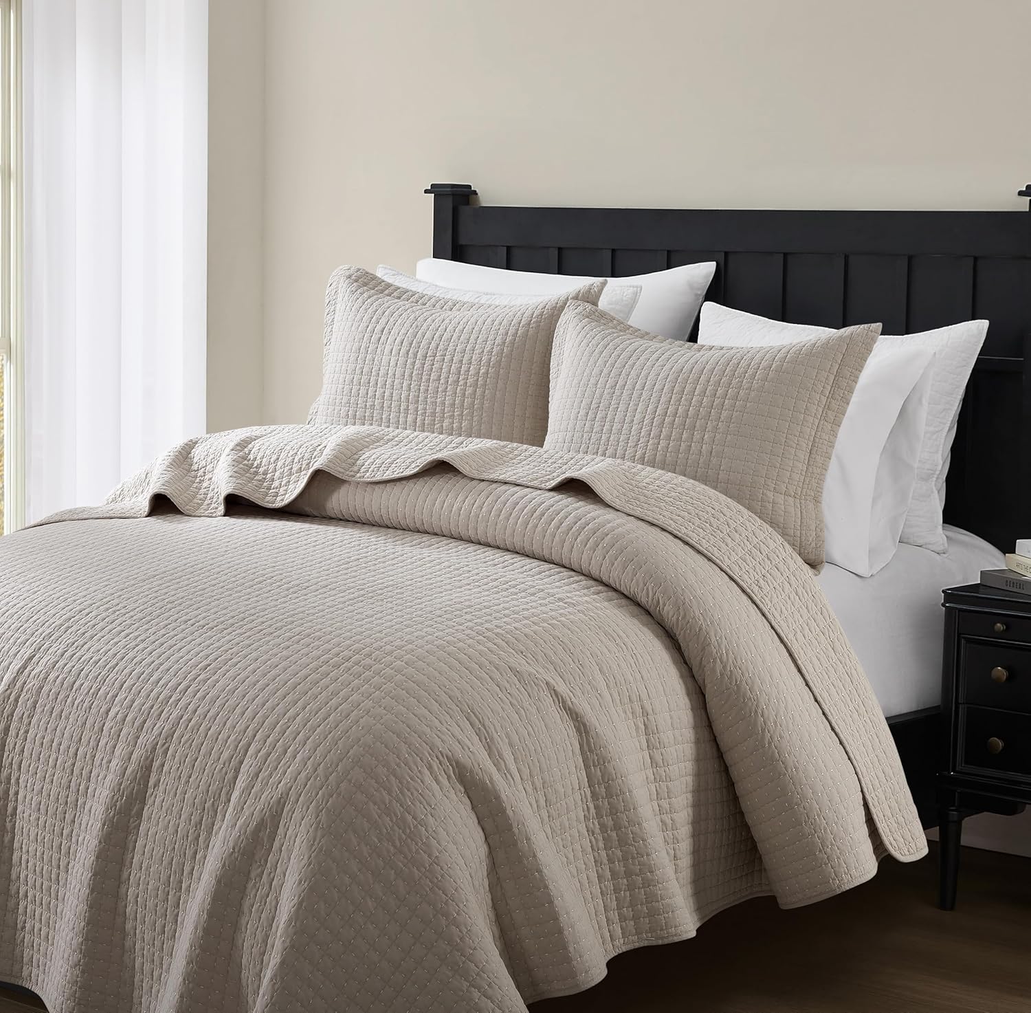 WDCOZY 100% Cotton Queen Size Quilt Set - Beige Box Pick Stitch Soft Lightweight Bedspread, Textured Like Linen, Farmhouse Country Rustic Coverlet, Shabby Chic Gauze Bedding, 3 Pieces