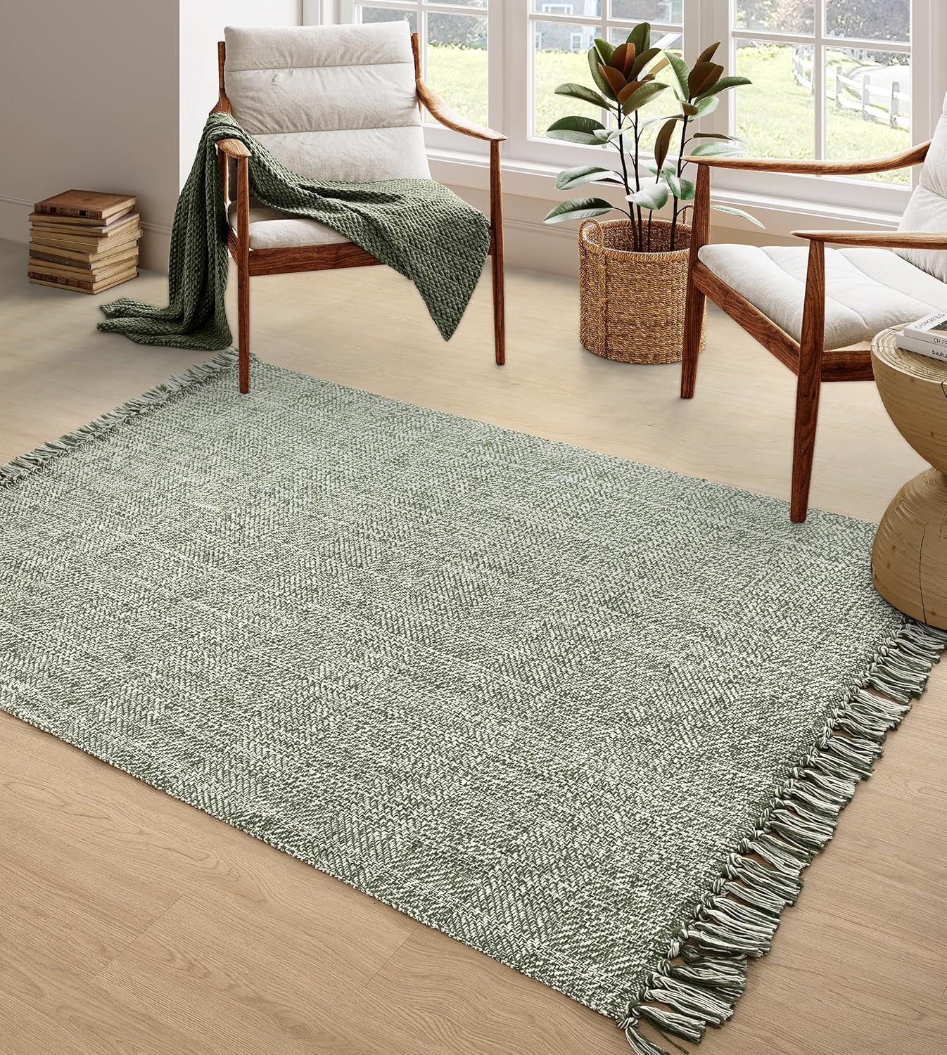 Collive 4x6 Area Rug, Natural/Black Woven Cotton Washable Modern Bedroom Rugs, Boho Dining Room Door Rug Carpet with Tassel for Living Room Nursery Room Office, Outdoor Rug for Patio Hallway Decor