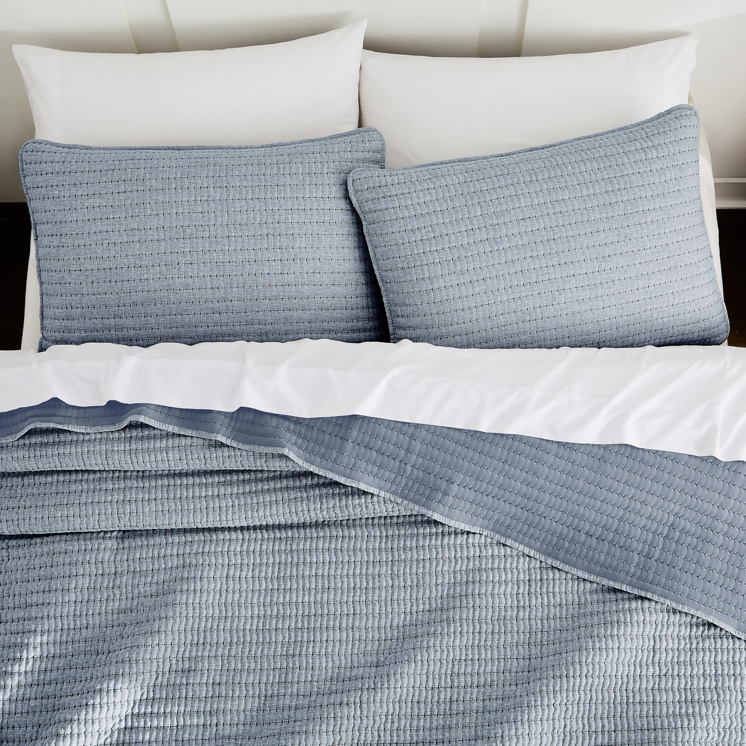 WDCOZY Beige Pick Stitch King Size Quilt Set, Striped Lightweight Soft Summer Spring Bedspread, Bamboo Linen Like Textured Coverlet, Chambray Farmhouse Country Rustic Bedding, Netural Thin Comforter