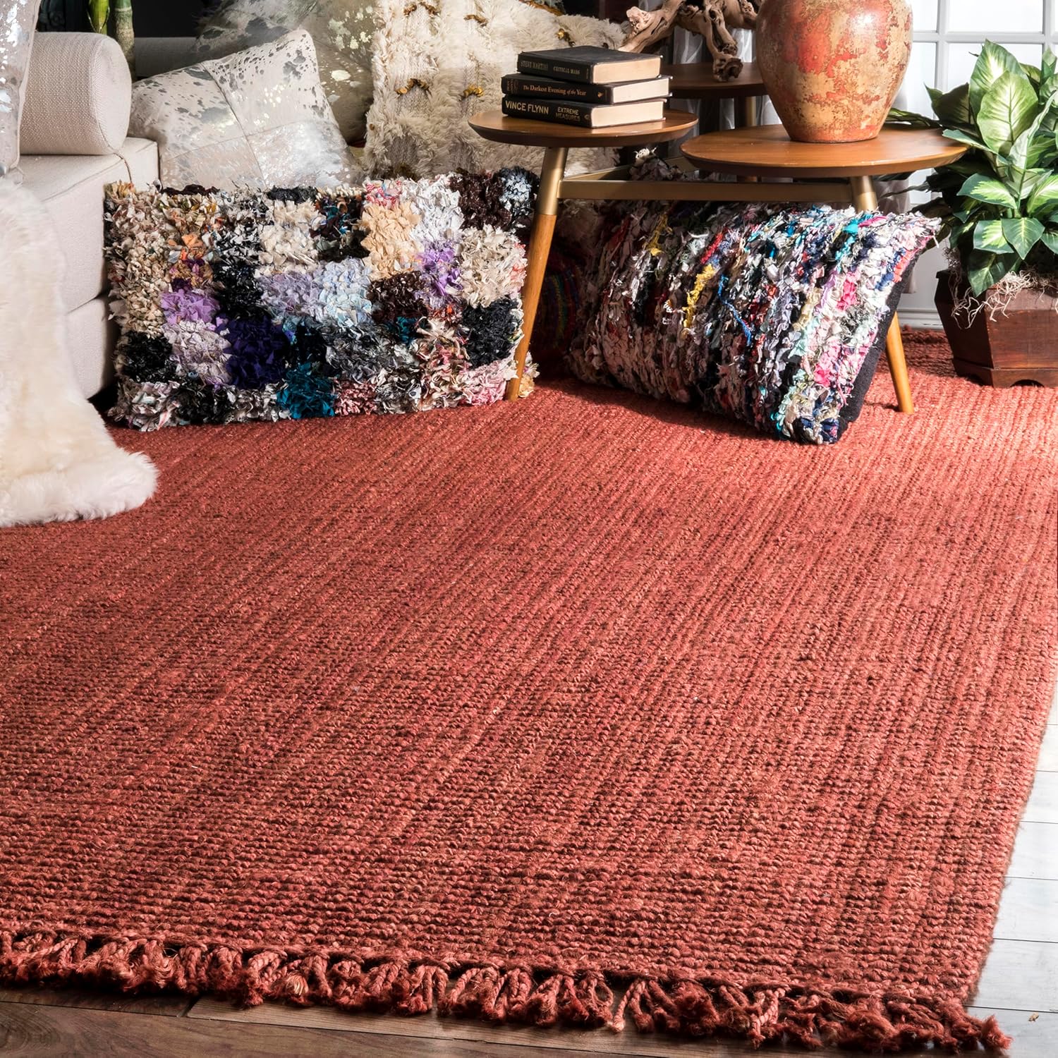 nuLOOM 5x8 Daniela Jute Tassel Hand Woven Area Rug, Off White, Solid Chunky Farmhouse Design, Natural Fiber, For Bedroom, Dining Room, Living Room, Hallway, Office, Entryway