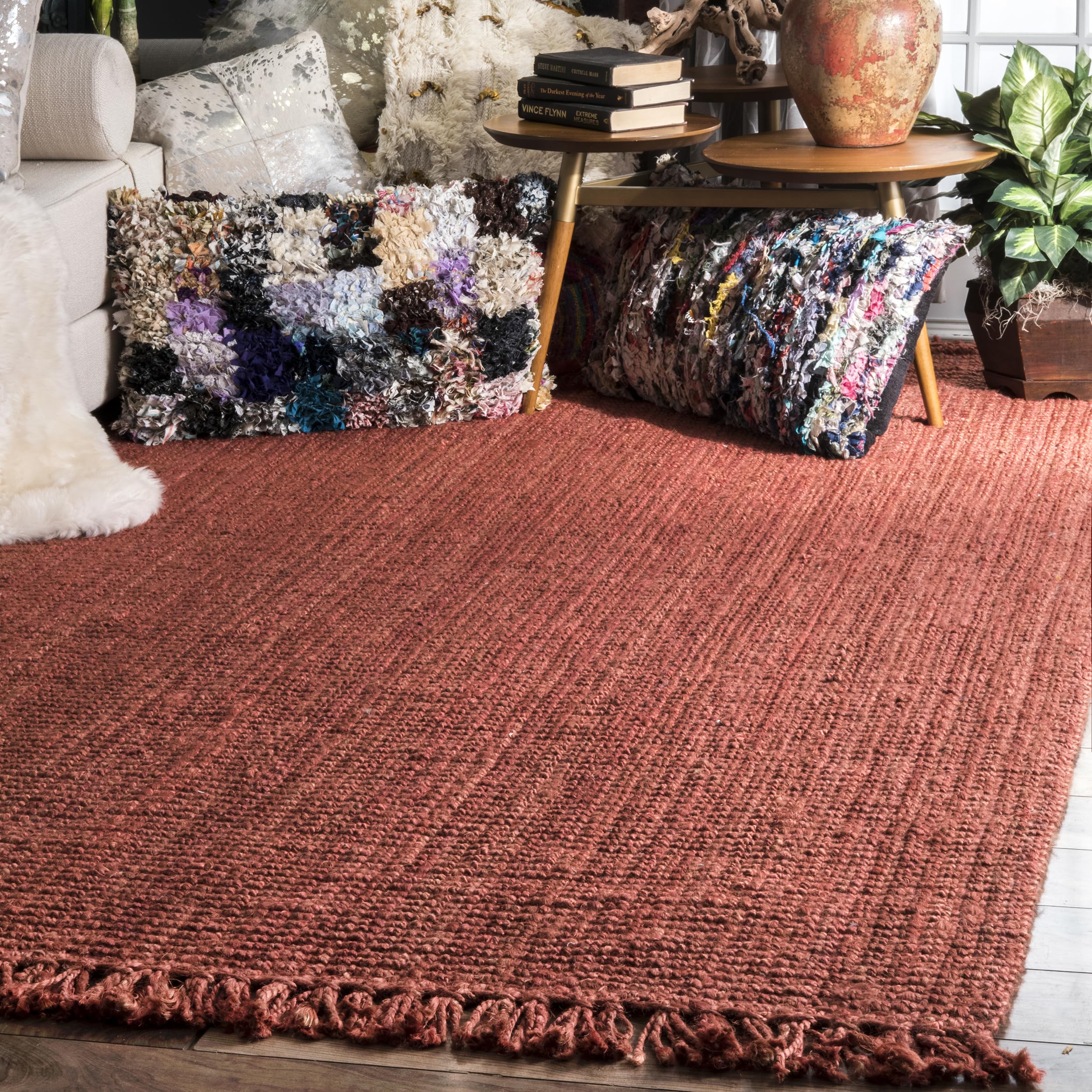 nuLOOM 5x8 Daniela Jute Tassel Hand Woven Area Rug, Off White, Solid Chunky Farmhouse Design, Natural Fiber, For Bedroom, Dining Room, Living Room, Hallway, Office, Entryway