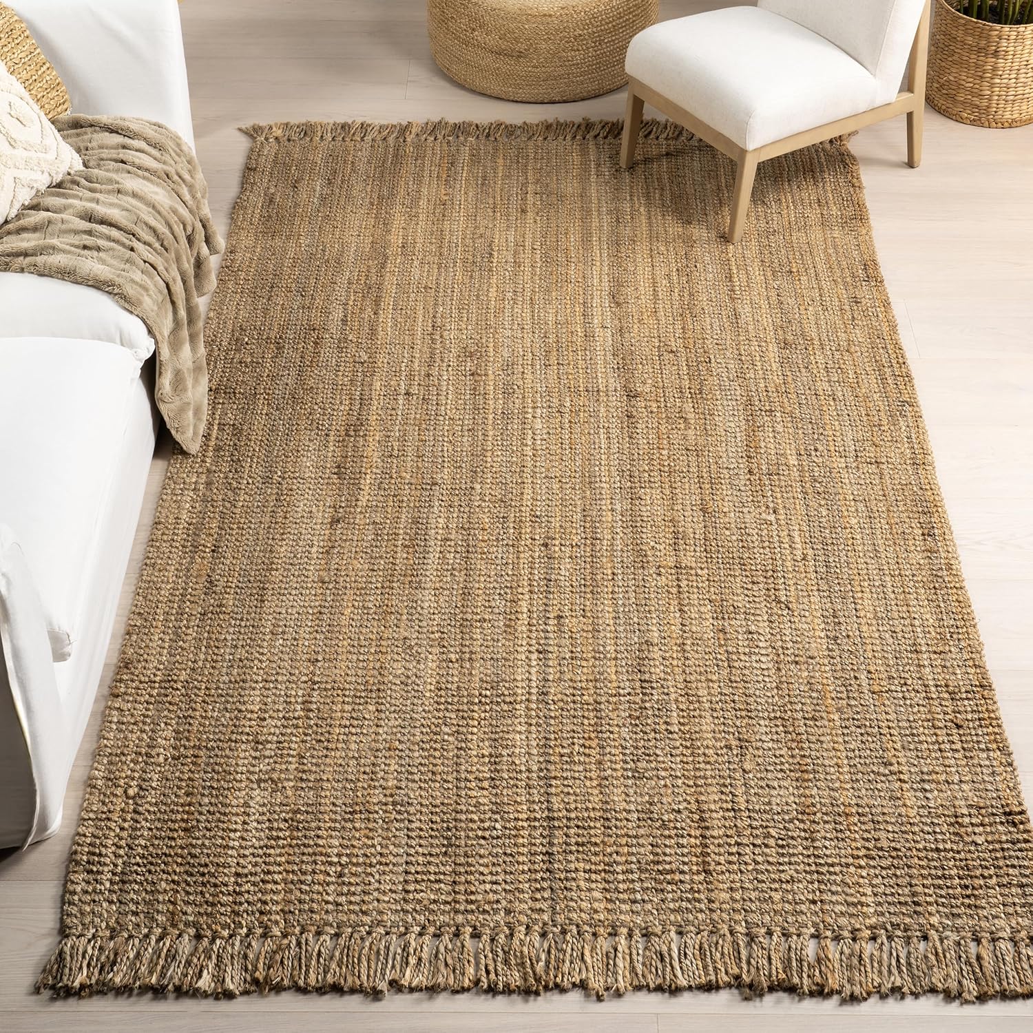 nuLOOM 5x8 Daniela Jute Tassel Hand Woven Area Rug, Off White, Solid Chunky Farmhouse Design, Natural Fiber, For Bedroom, Dining Room, Living Room, Hallway, Office, Entryway