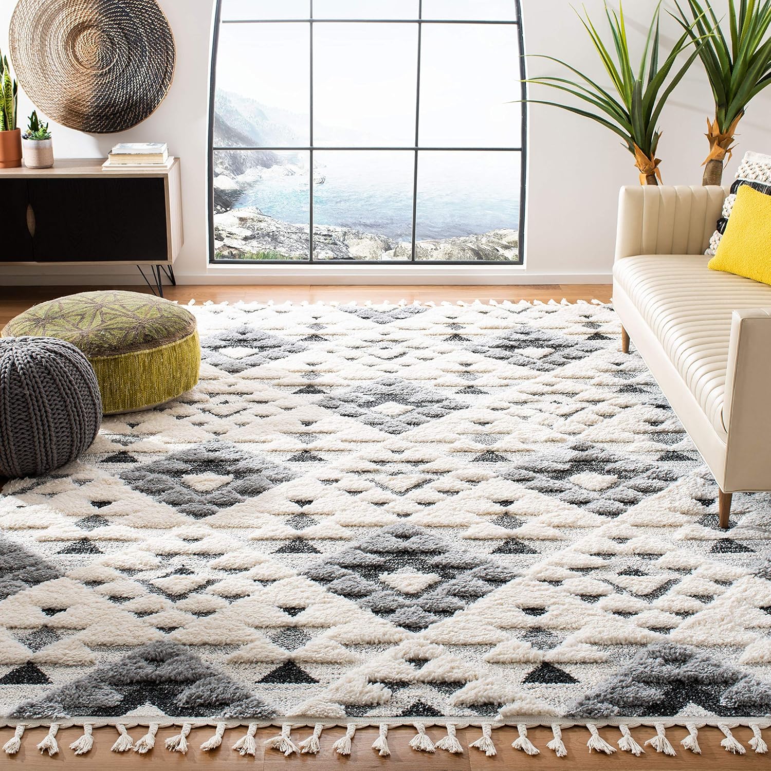 SAFAVIEH Area Rug 3x5 - Moroccan Tassel Shag Collection - Ivory, Non-Shedding & Easy to Clean, Plush High-Low Texture, Ideal for Living Room, Bedroom, Dining Space (MTS688C)