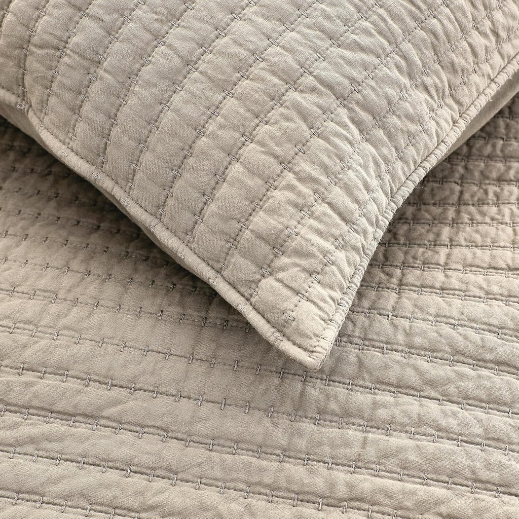 WDCOZY 100% Cotton King Size Quilt Set - Beige Neutral Striped Pick Stitch Soft Lightweight Bedspread, Textured Like Linen, Farmhouse Country Rustic Coverlet, Shabby Chic Gauze Bedding, 3 Pieces