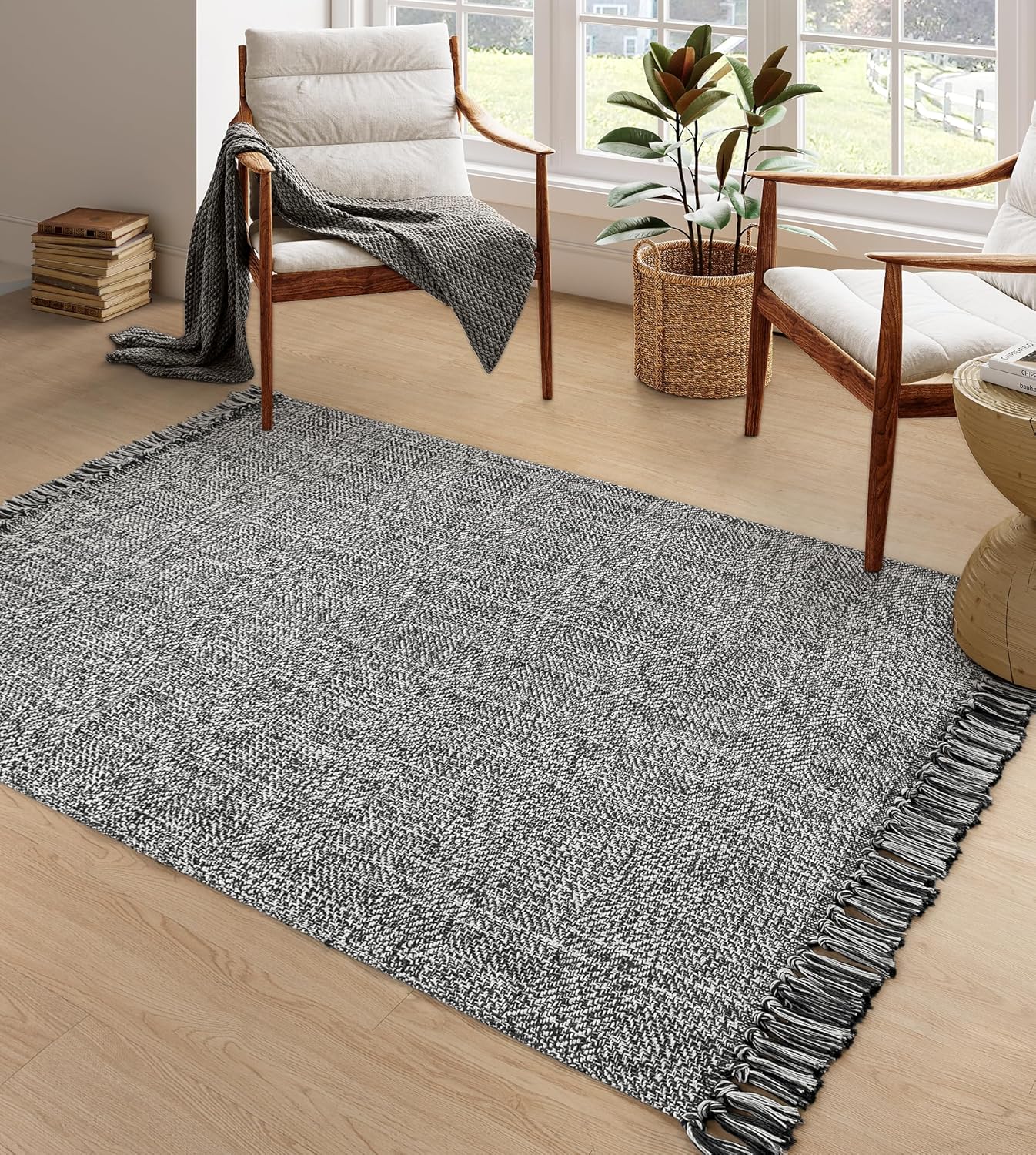 Collive 4x6 Area Rug, Natural/Black Woven Cotton Washable Modern Bedroom Rugs, Boho Dining Room Door Rug Carpet with Tassel for Living Room Nursery Room Office, Outdoor Rug for Patio Hallway Decor