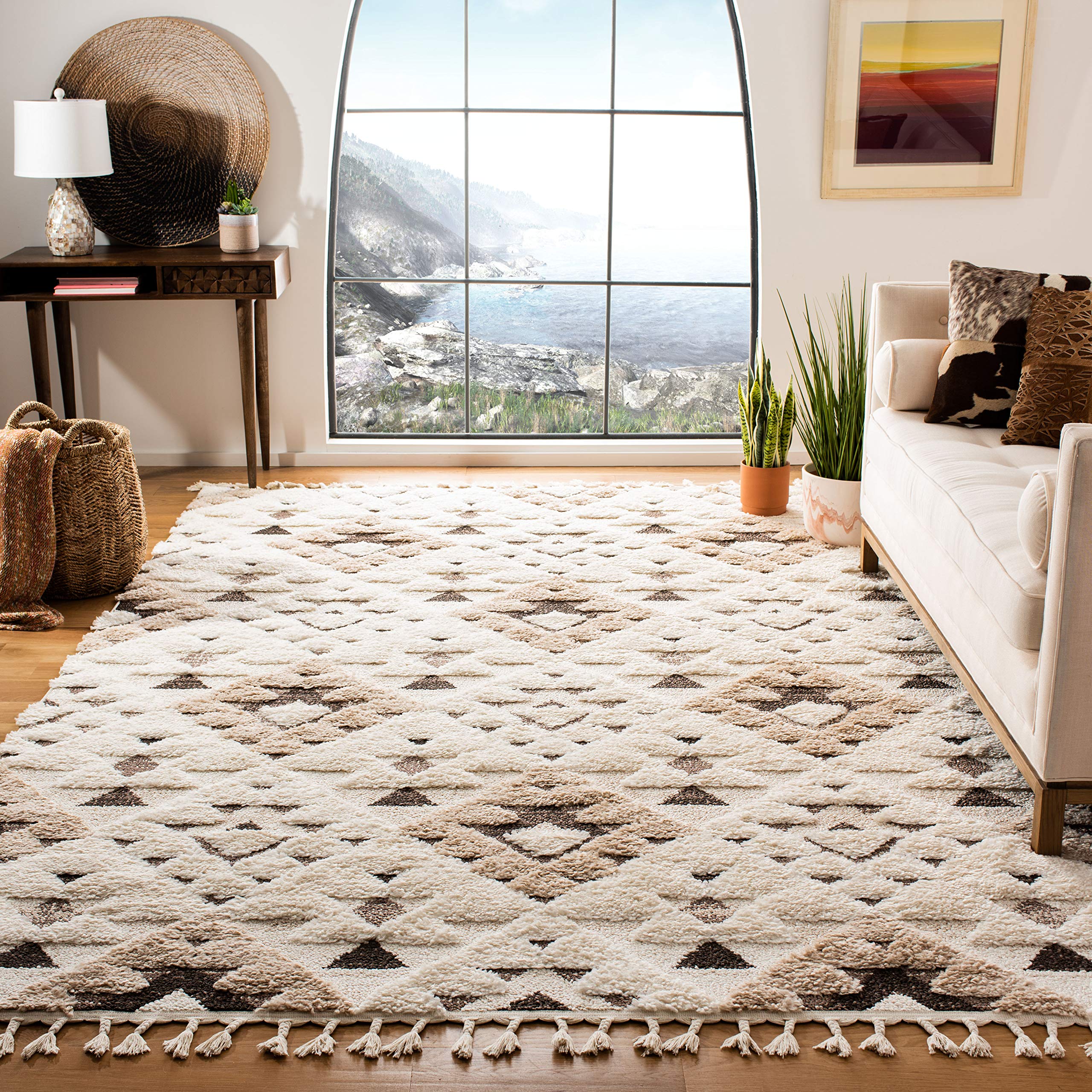 SAFAVIEH Area Rug 3x5 - Moroccan Tassel Shag Collection - Ivory, Non-Shedding & Easy to Clean, Plush High-Low Texture, Ideal for Living Room, Bedroom, Dining Space (MTS688C)
